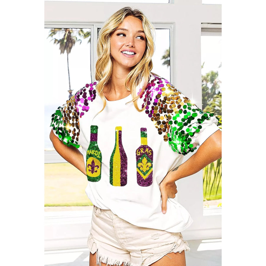 BiBi Sequin Mardi Gras Bottles Spangled Sleeve Top Apparel and Accessories
