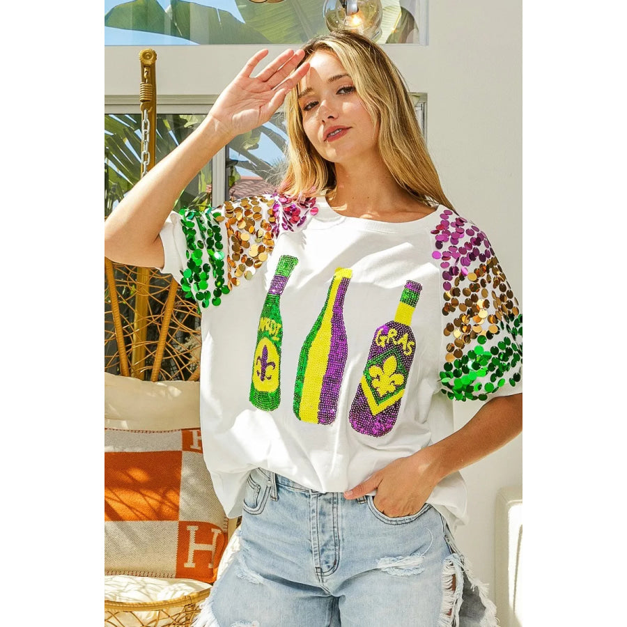 BiBi Sequin Mardi Gras Bottles Spangled Sleeve Top Apparel and Accessories