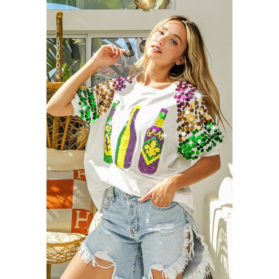 BiBi Sequin Mardi Gras Bottles Spangled Sleeve Top Apparel and Accessories
