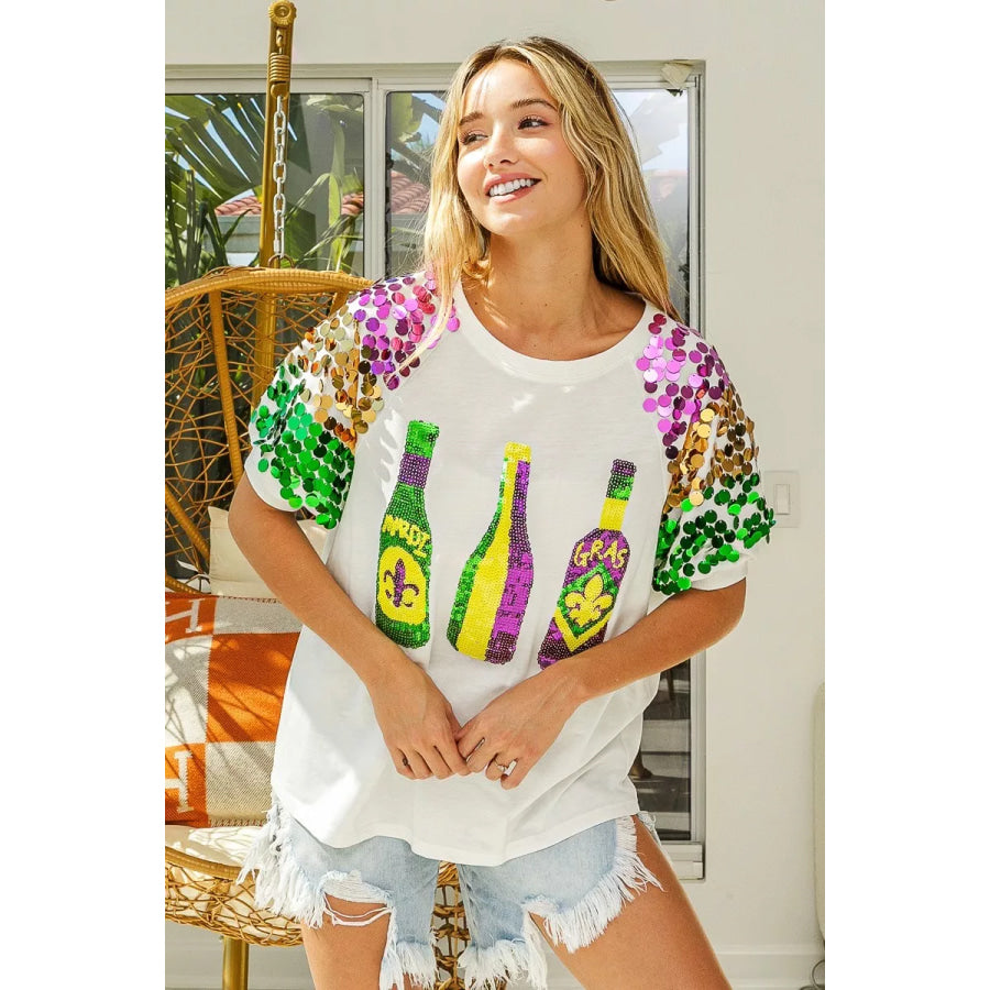 BiBi Sequin Mardi Gras Bottles Spangled Sleeve Top Apparel and Accessories