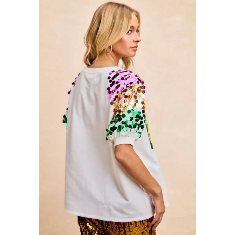 BiBi Sequin Mardi Gras Bottles Spangled Sleeve Top Apparel and Accessories