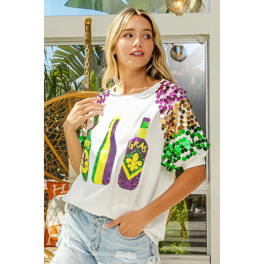 BiBi Sequin Mardi Gras Bottles Spangled Sleeve Top Apparel and Accessories