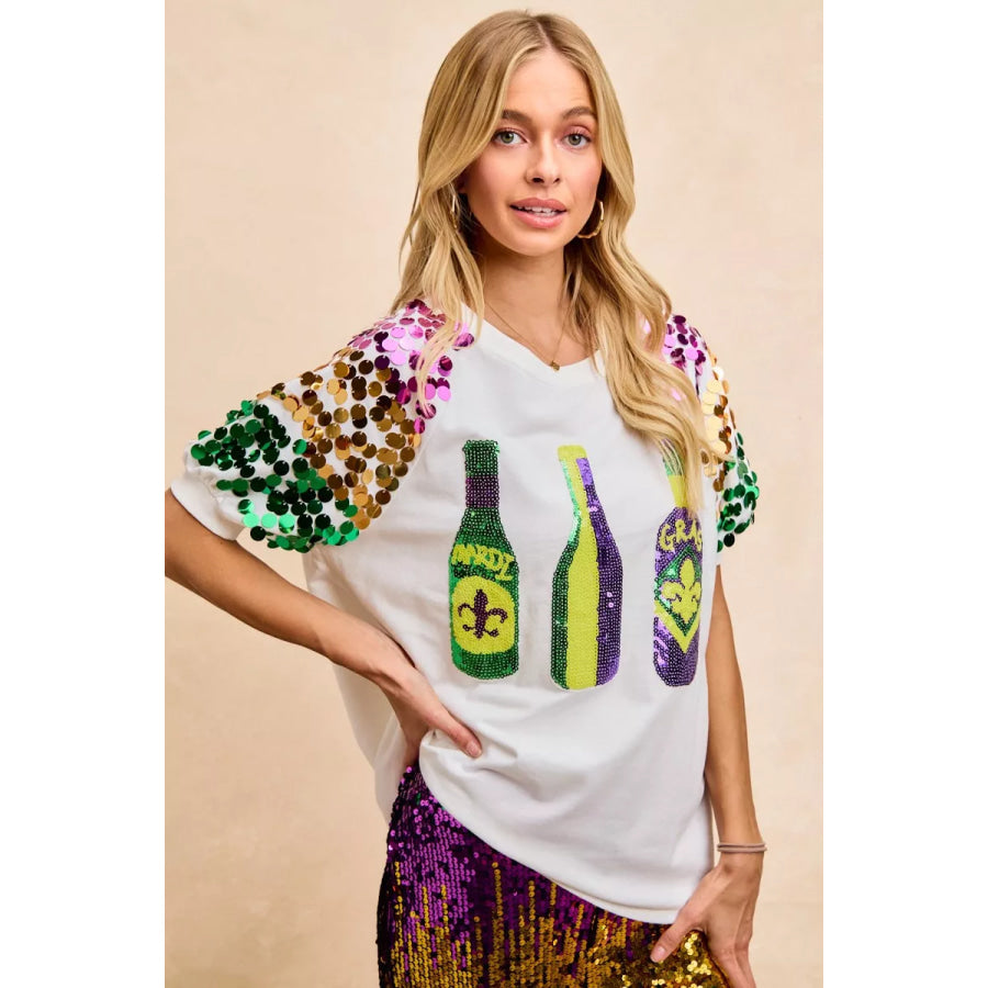 BiBi Sequin Mardi Gras Bottles Spangled Sleeve Top Apparel and Accessories