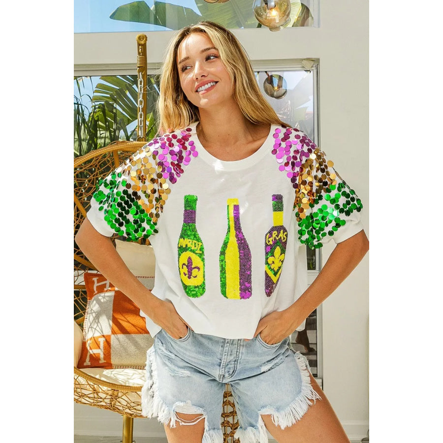 BiBi Sequin Mardi Gras Bottles Spangled Sleeve Top Apparel and Accessories