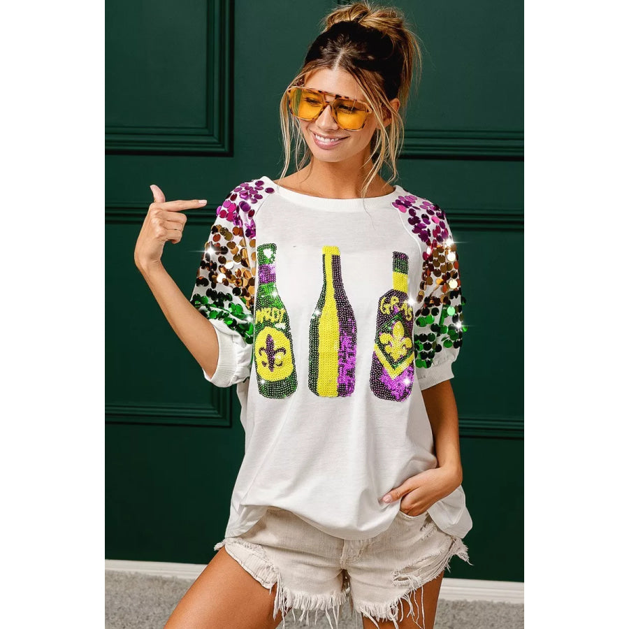BiBi Sequin Mardi Gras Bottles Spangled Sleeve Top Apparel and Accessories