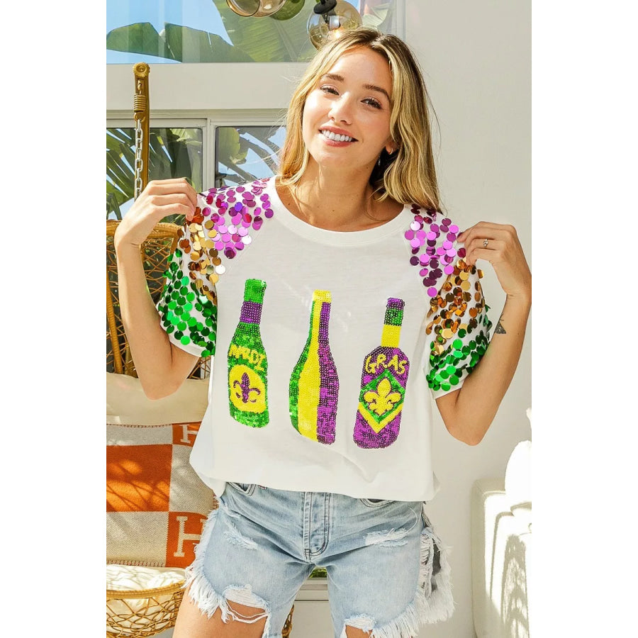 BiBi Sequin Mardi Gras Bottles Spangled Sleeve Top Apparel and Accessories