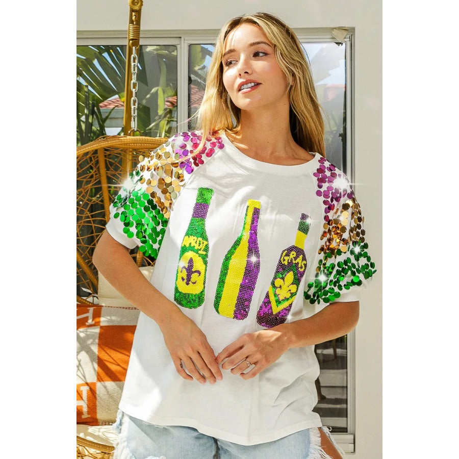 BiBi Sequin Mardi Gras Bottles Spangled Sleeve Top Apparel and Accessories