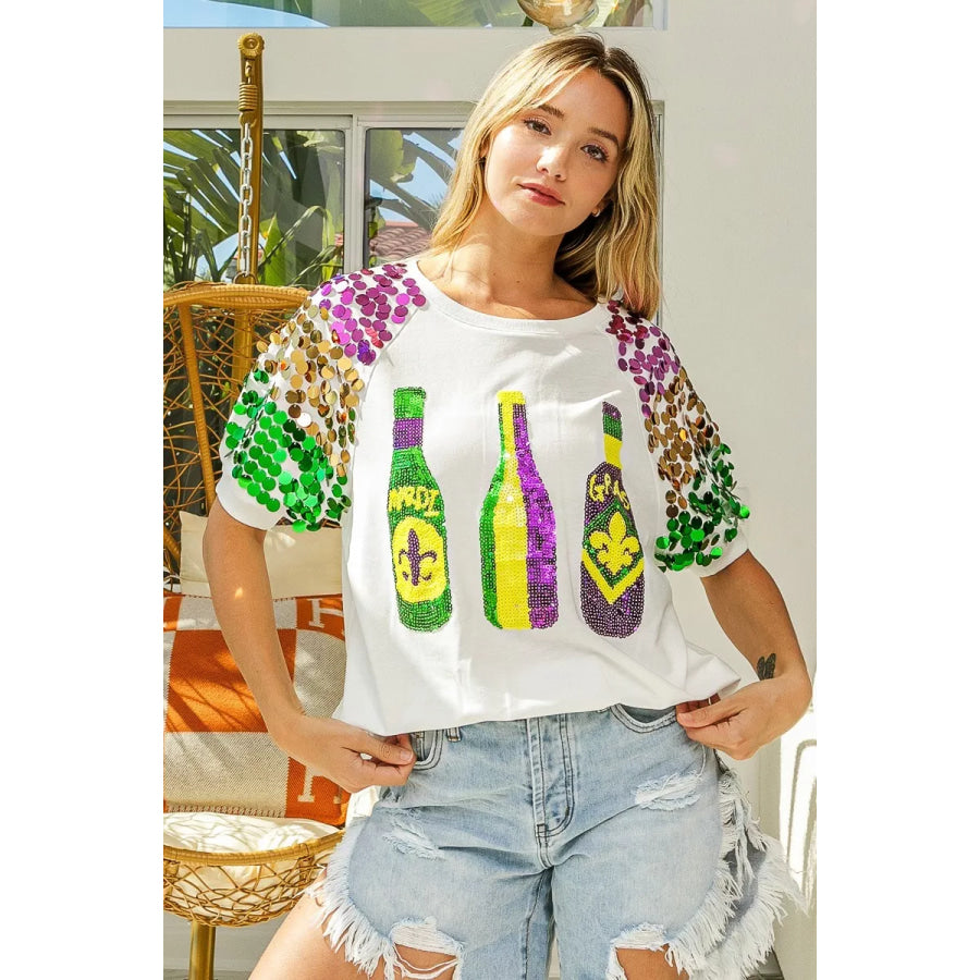 BiBi Sequin Mardi Gras Bottles Spangled Sleeve Top Apparel and Accessories