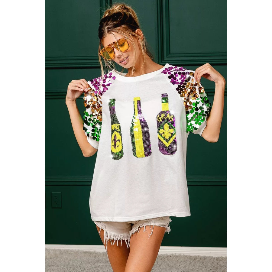 BiBi Sequin Mardi Gras Bottles Spangled Sleeve Top Apparel and Accessories