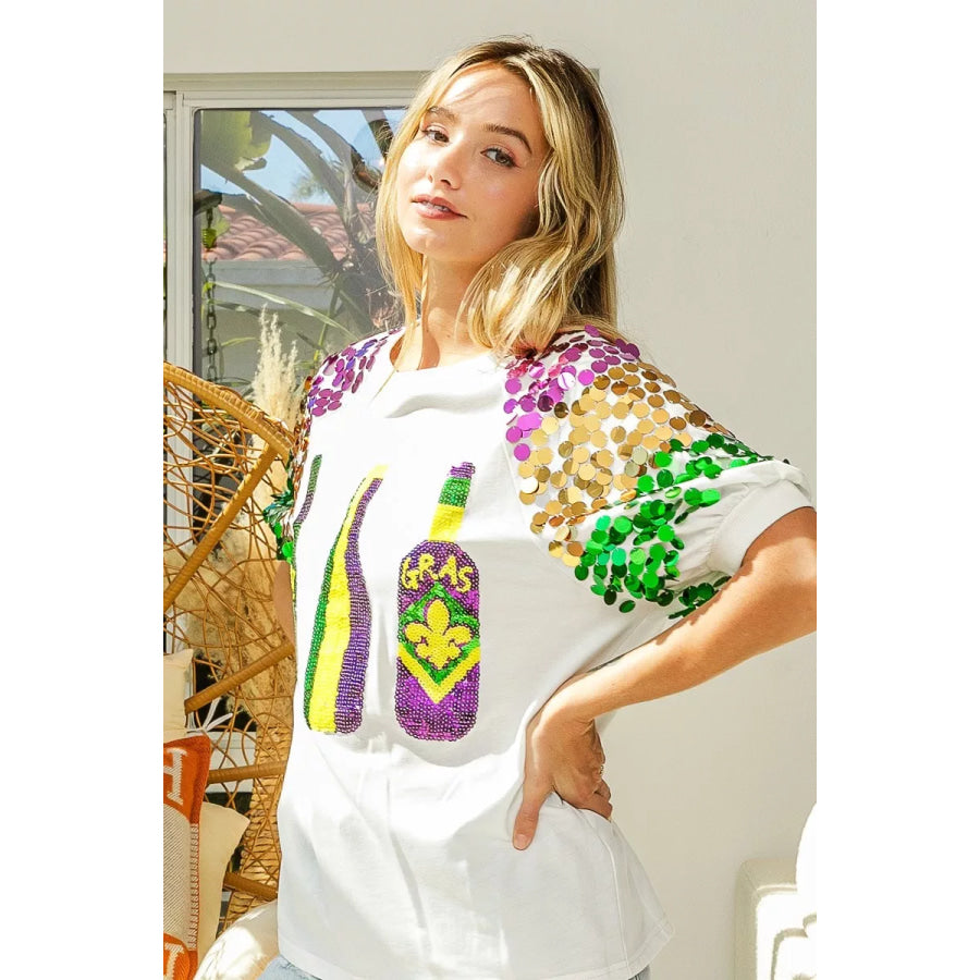 BiBi Sequin Mardi Gras Bottles Spangled Sleeve Top Apparel and Accessories