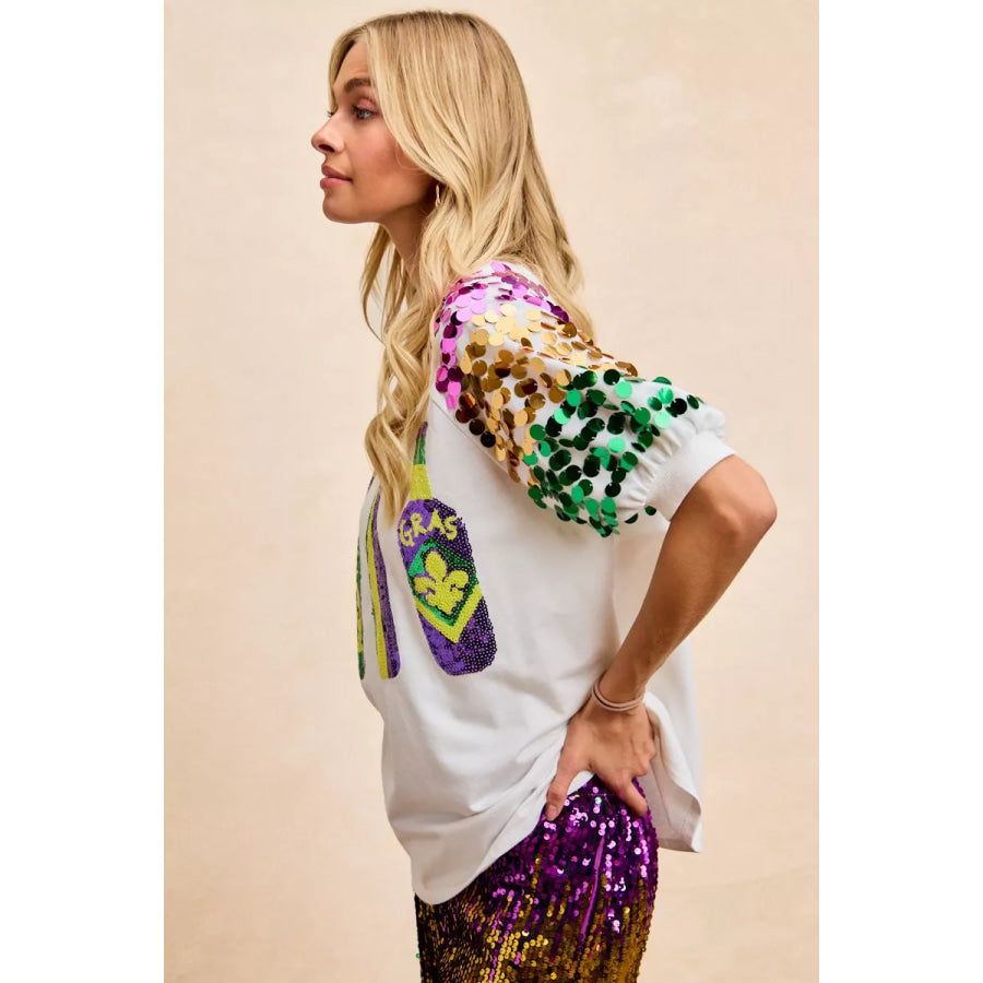 BiBi Sequin Mardi Gras Bottles Spangled Sleeve Top Apparel and Accessories