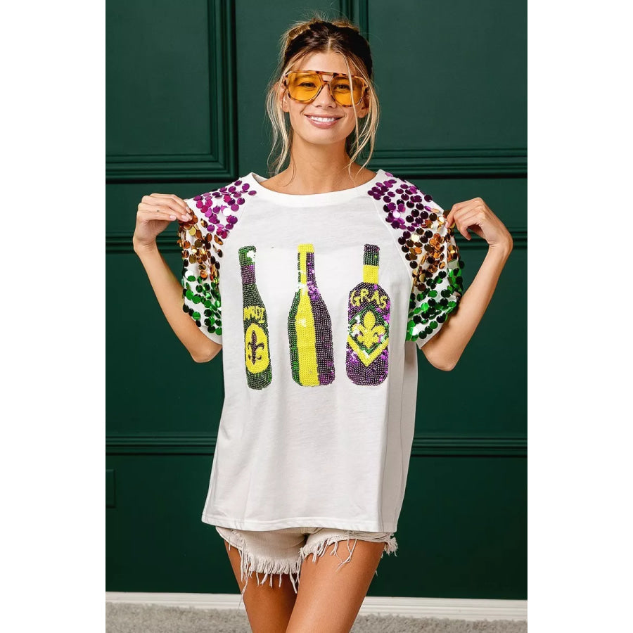 BiBi Sequin Mardi Gras Bottles Spangled Sleeve Top Apparel and Accessories