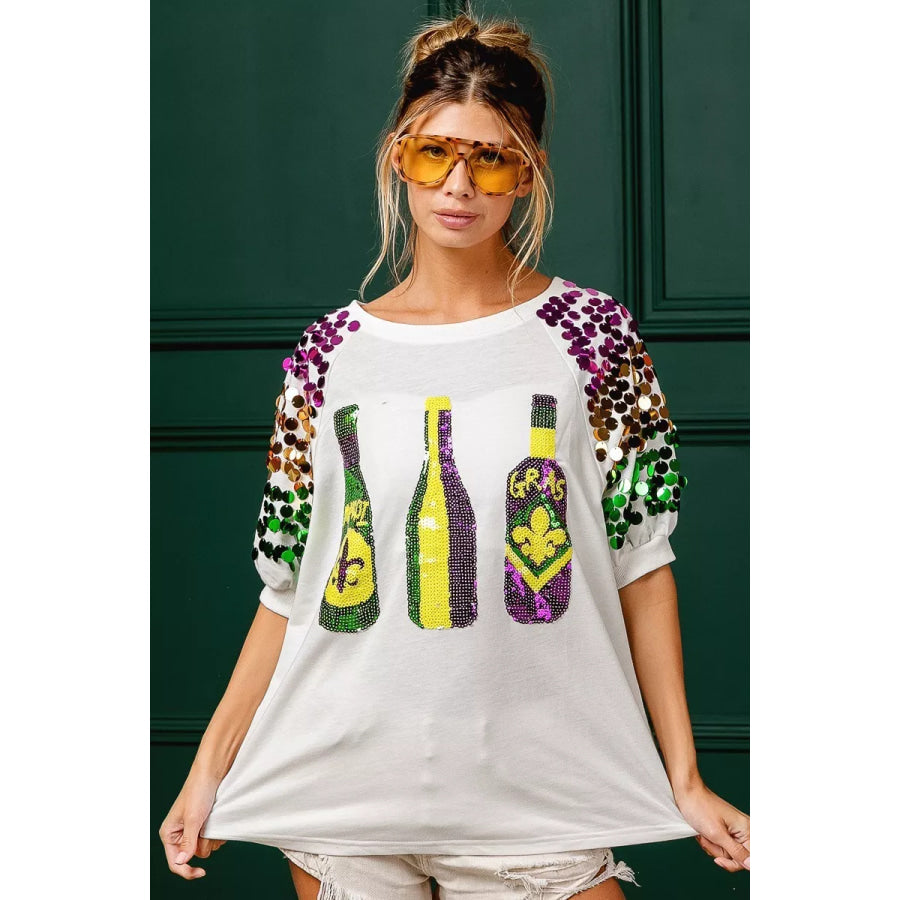 BiBi Sequin Mardi Gras Bottles Spangled Sleeve Top Apparel and Accessories