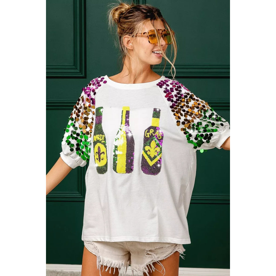 BiBi Sequin Mardi Gras Bottles Spangled Sleeve Top Apparel and Accessories