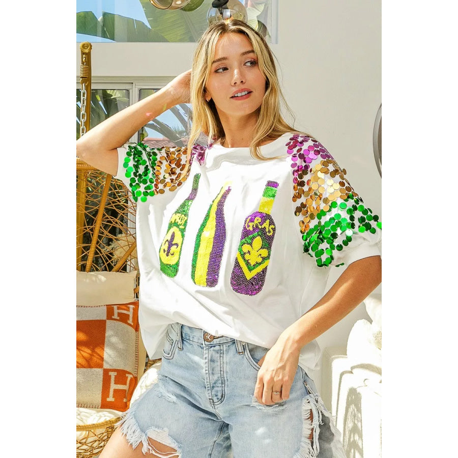 BiBi Sequin Mardi Gras Bottles Spangled Sleeve Top Apparel and Accessories