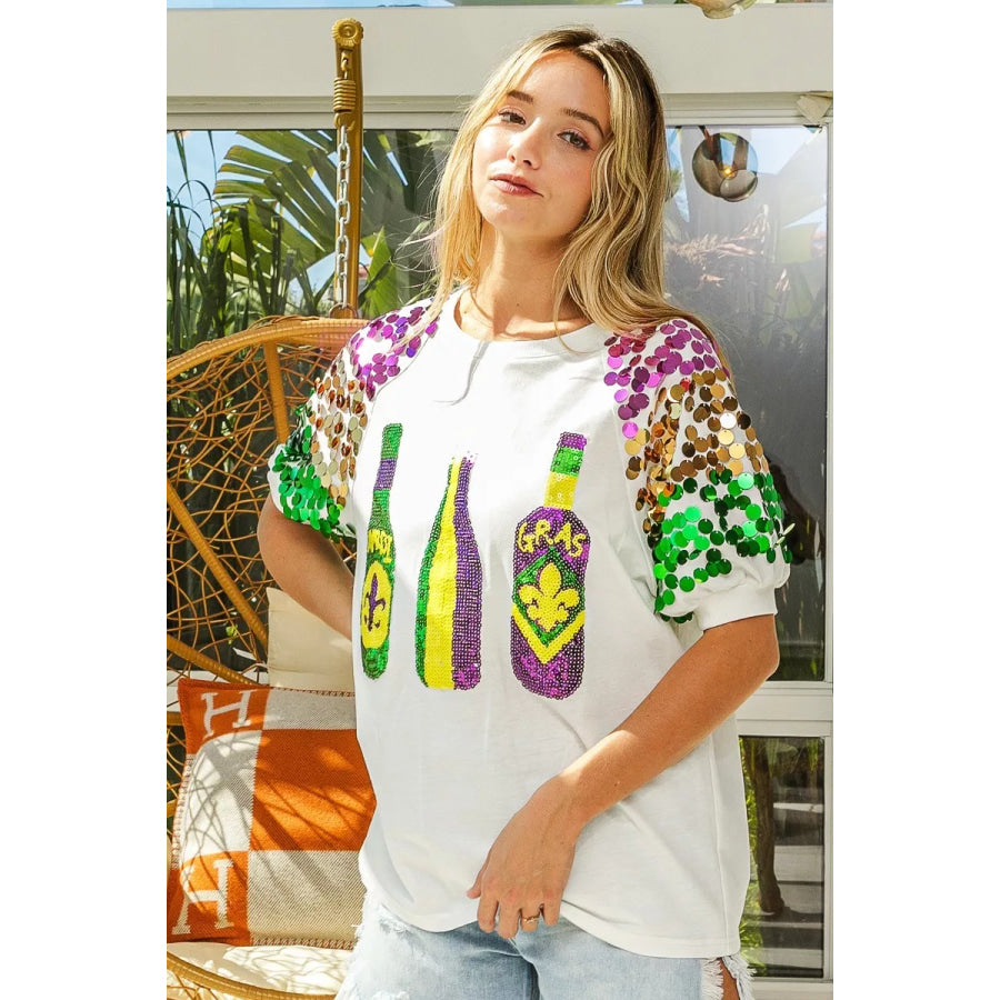 BiBi Sequin Mardi Gras Bottles Spangled Sleeve Top Apparel and Accessories