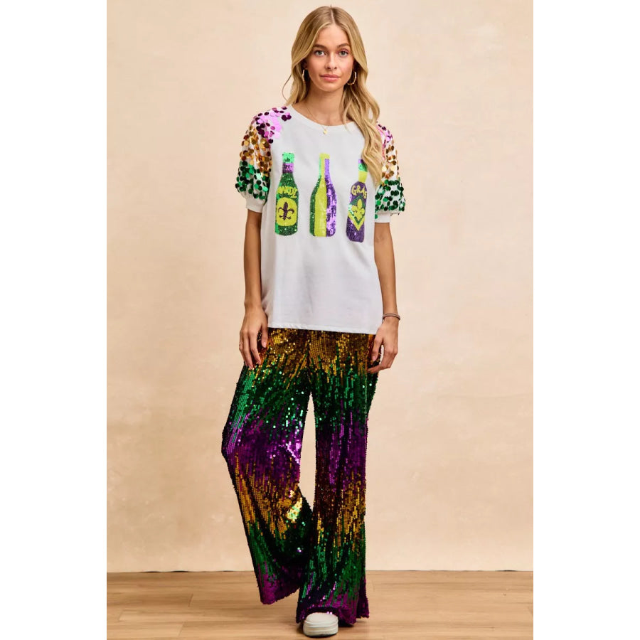 BiBi Sequin Mardi Gras Bottles Spangled Sleeve Top Apparel and Accessories