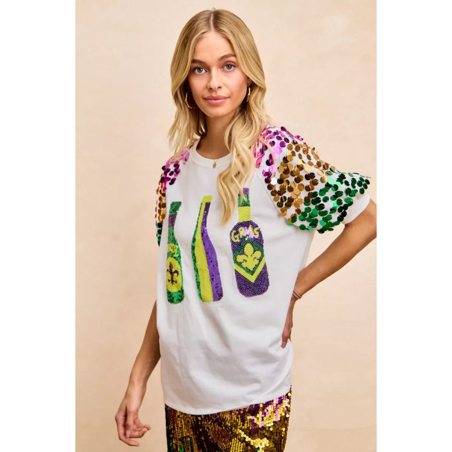 BiBi Sequin Mardi Gras Bottles Spangled Sleeve Top Apparel and Accessories