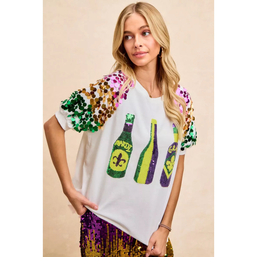 BiBi Sequin Mardi Gras Bottles Spangled Sleeve Top OFF WHITE / S Apparel and Accessories