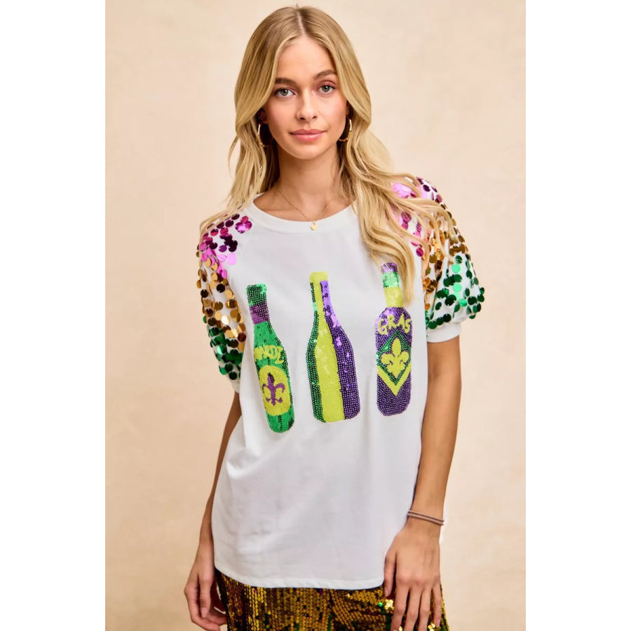BiBi Sequin Mardi Gras Bottles Spangled Sleeve Top OFF WHITE / S Apparel and Accessories