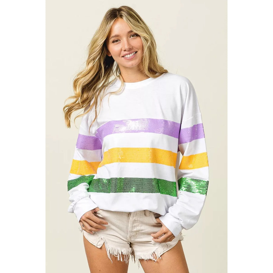 BiBi Sequin Mardi Gras Striped Round Neck Sweatshirt OFF WHITE / S Apparel and Accessories