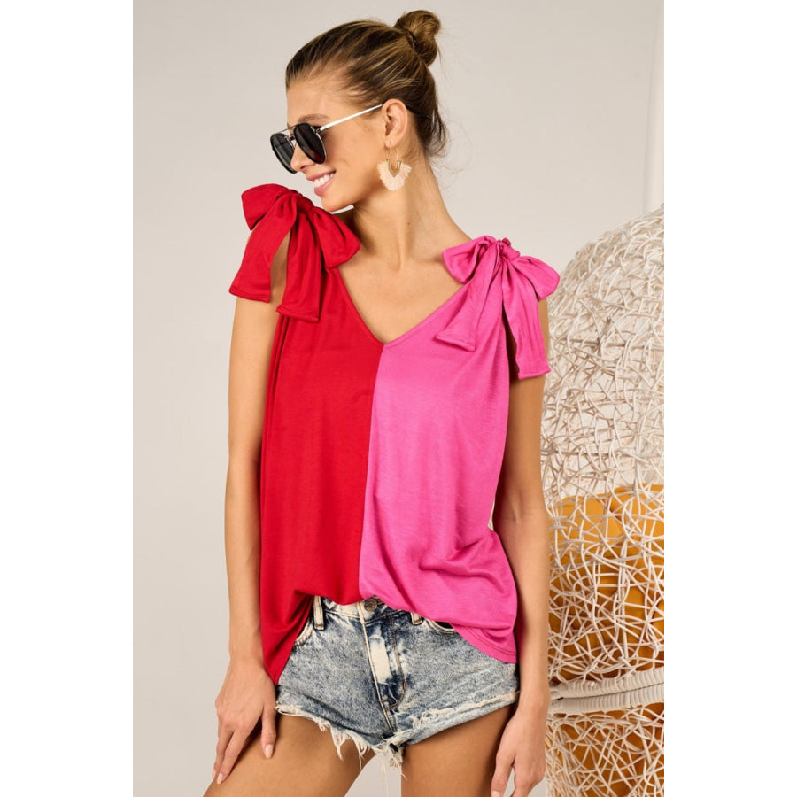 BiBi Shoulder Ribbon Tied Contrast Tank Apparel and Accessories