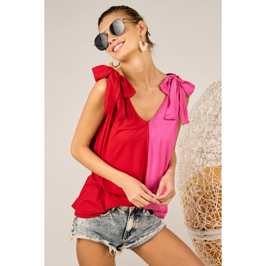 BiBi Shoulder Ribbon Tied Contrast Tank Apparel and Accessories