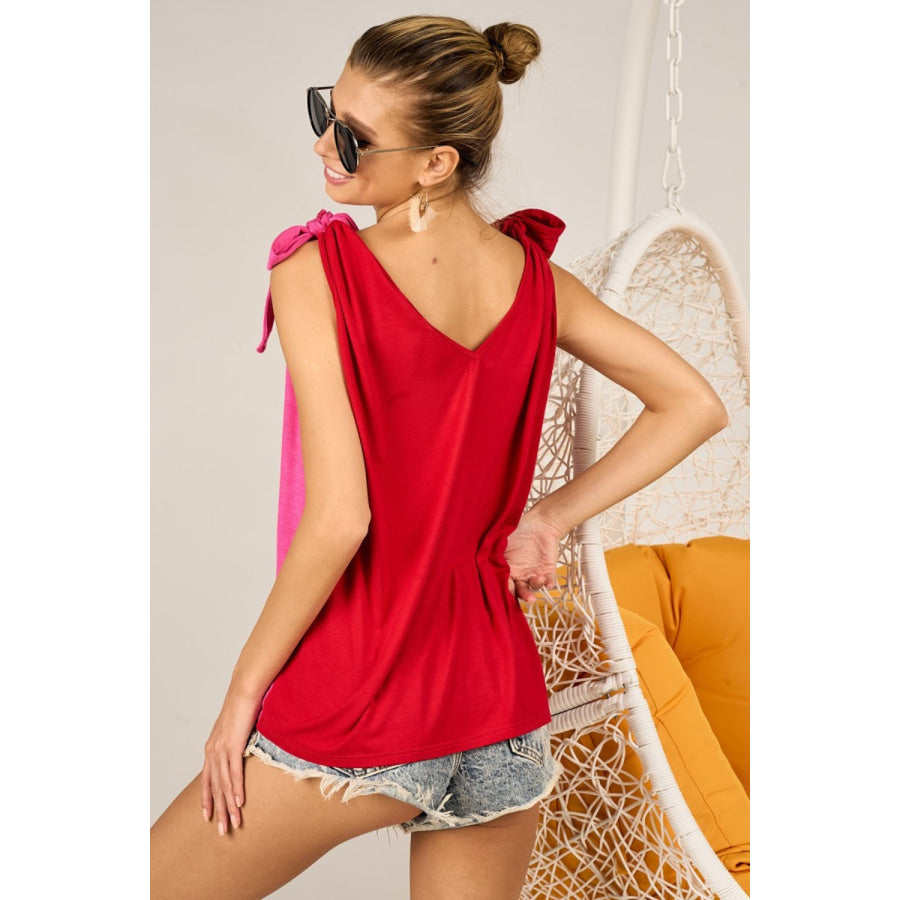 BiBi Shoulder Ribbon Tied Contrast Tank Apparel and Accessories