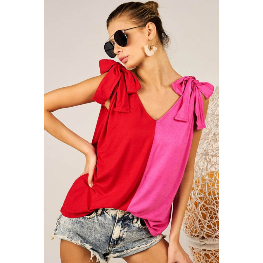 BiBi Shoulder Ribbon Tied Contrast Tank Red/Fuchsia / S Apparel and Accessories