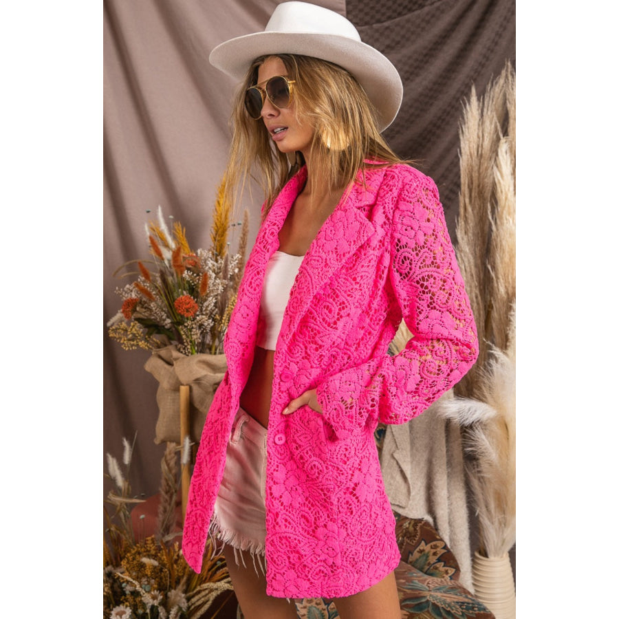 BiBi Single - Breasted Long Sleeve Lace Blazer Fuchsia / S Apparel and Accessories