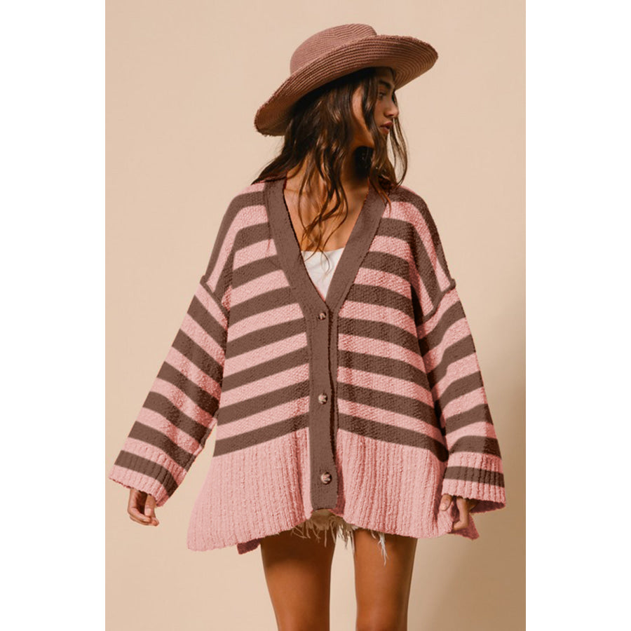 BiBi Slit Striped V-Neck Button Up Cardigan Apparel and Accessories