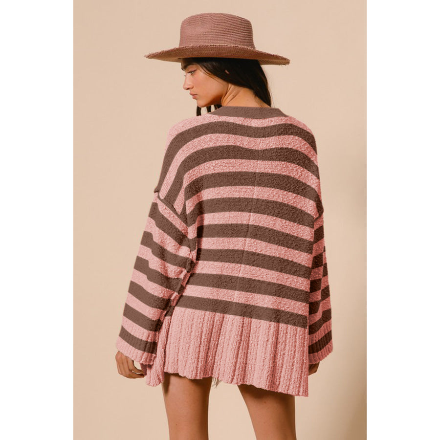 BiBi Slit Striped V-Neck Button Up Cardigan Blush Pink / S Apparel and Accessories