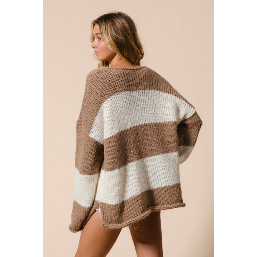 BiBi Slit Striped V-Neck Dropped Shoulder Sweater Mocha / S Apparel and Accessories