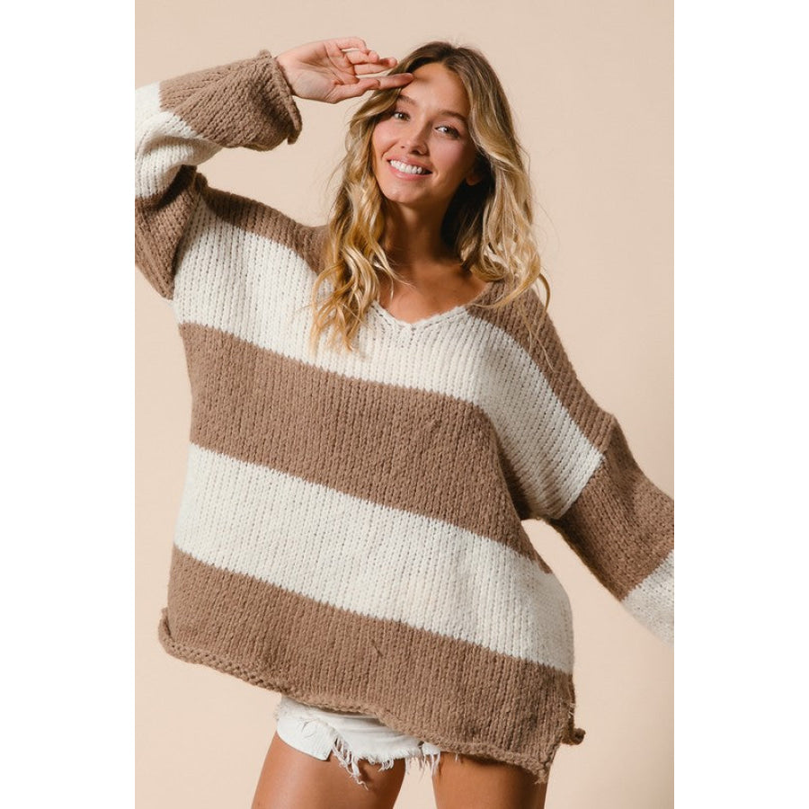 BiBi Slit Striped V-Neck Dropped Shoulder Sweater Mocha / S Apparel and Accessories