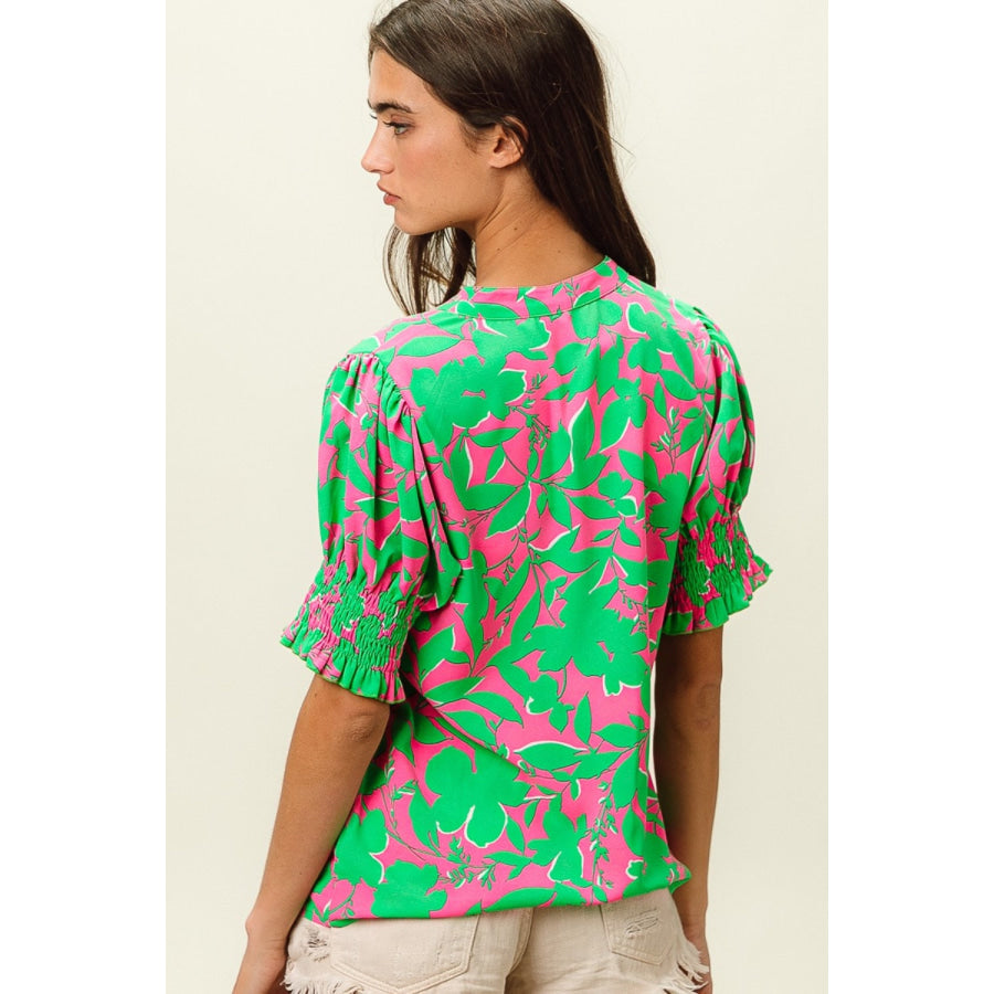 BiBi Smocked Cuff Floral Contrast Top Apparel and Accessories