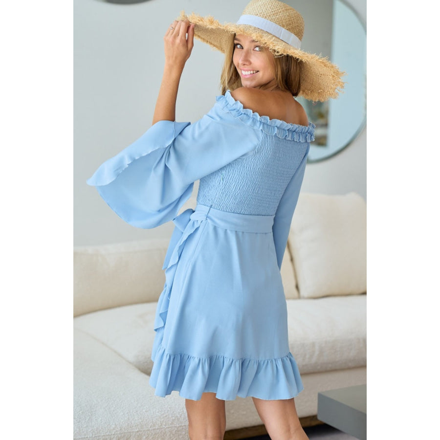 BiBi Smocked Ruffled Front Tie Mini Dress Apparel and Accessories