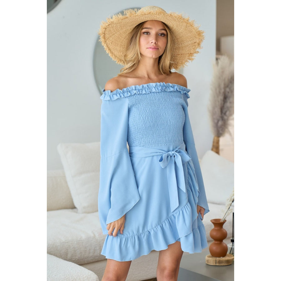 BiBi Smocked Ruffled Front Tie Mini Dress Apparel and Accessories