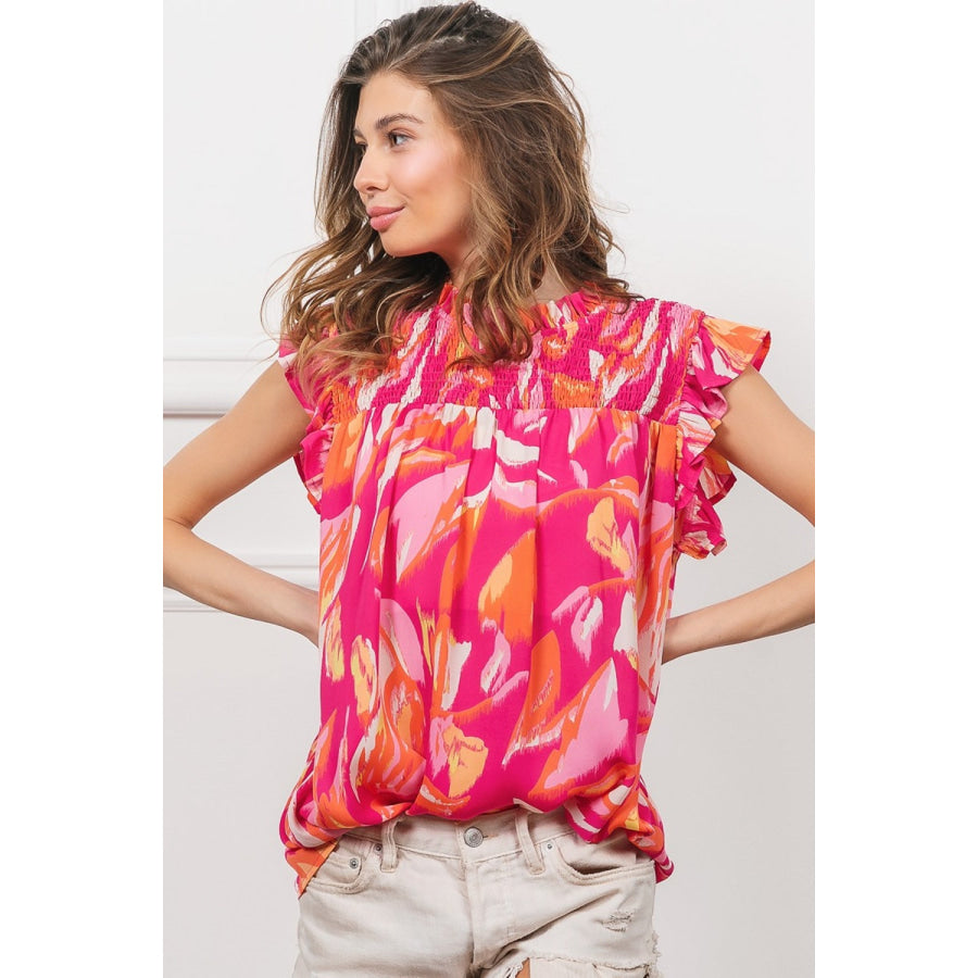 BiBi Smocked Yoke Ruffled Floral Top Apparel and Accessories