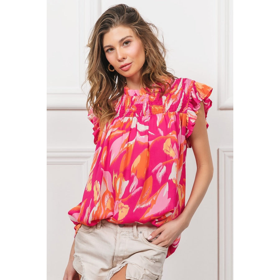 BiBi Smocked Yoke Ruffled Floral Top Apparel and Accessories