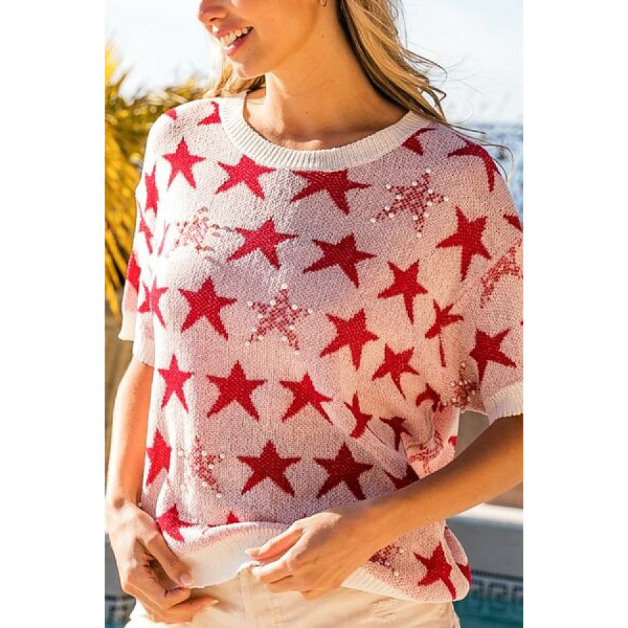 BiBi Star Pattern Round Neck Short Sleeve Knit Top Apparel and Accessories