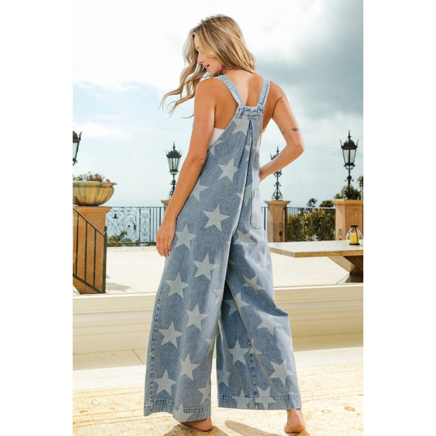 BiBi Star Pattern Wide Leg Washed Denim Overalls Apparel and Accessories