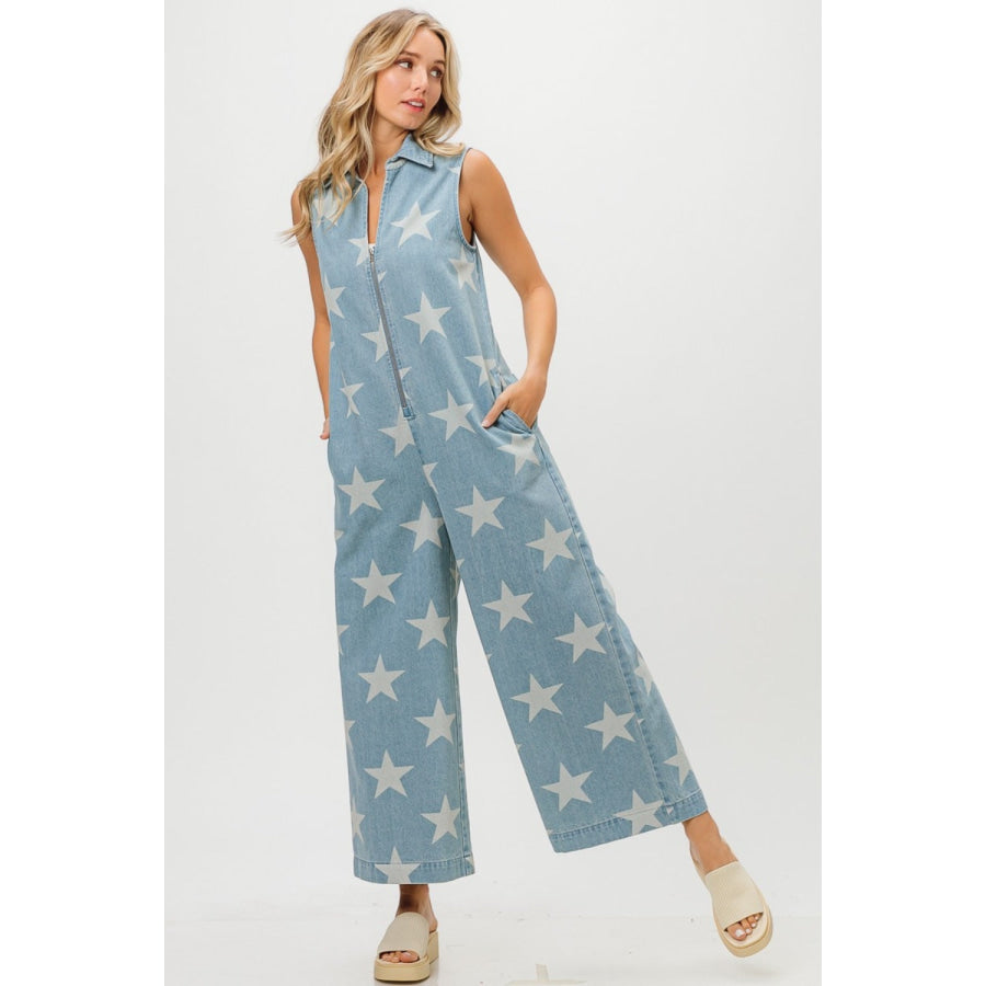 BiBi Star Print Half Zip Sleeveless Denim Jumpsuit Apparel and Accessories