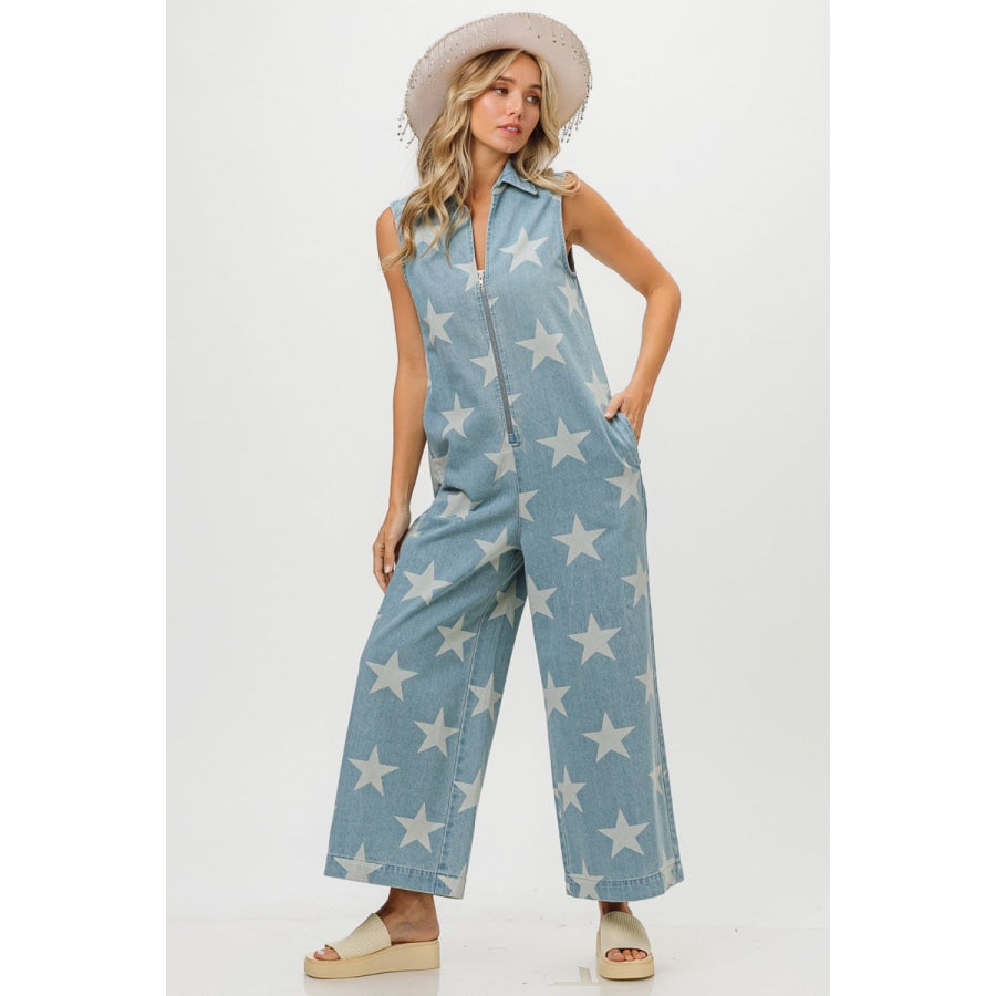 BiBi Star Print Half Zip Sleeveless Denim Jumpsuit Apparel and Accessories