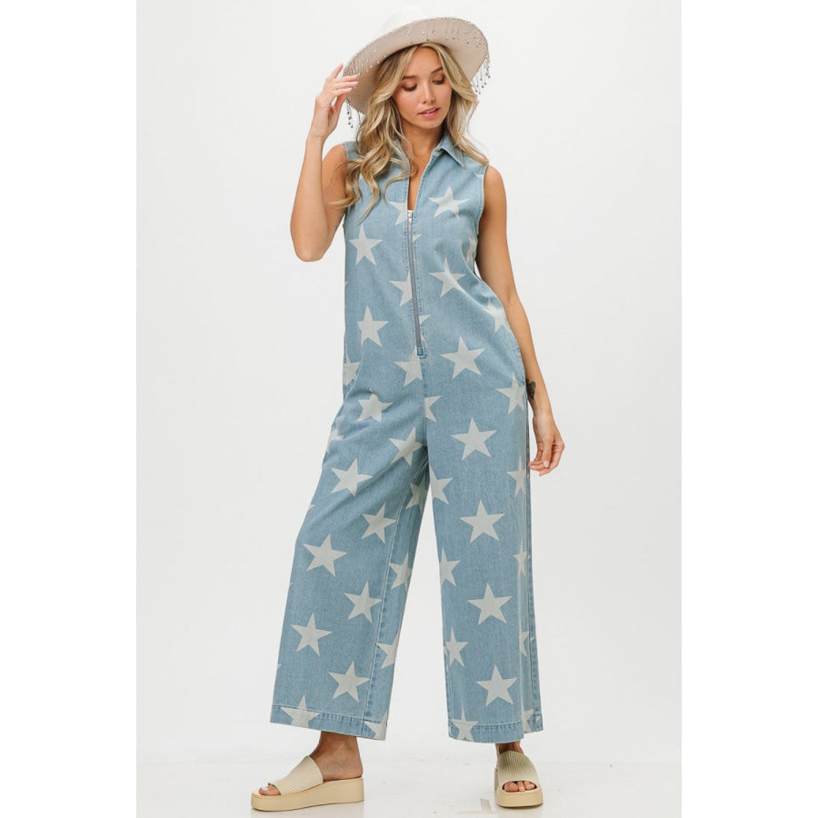 BiBi Star Print Half Zip Sleeveless Denim Jumpsuit Apparel and Accessories