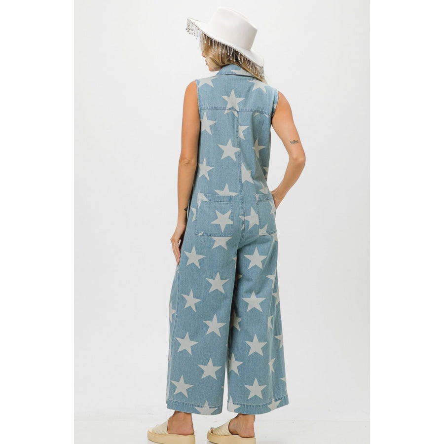 BiBi Star Print Half Zip Sleeveless Denim Jumpsuit Apparel and Accessories