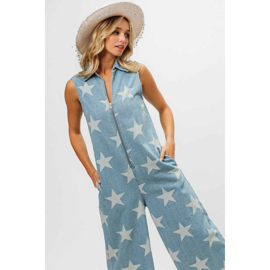 BiBi Star Print Half Zip Sleeveless Denim Jumpsuit Denim / S Apparel and Accessories