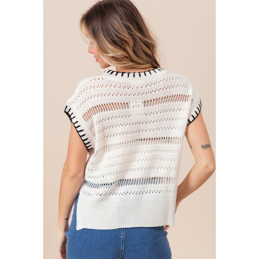 BiBi Stitch Edge Pointelle Side Slit Sweater Vest Ivory/Black / S Apparel and Accessories