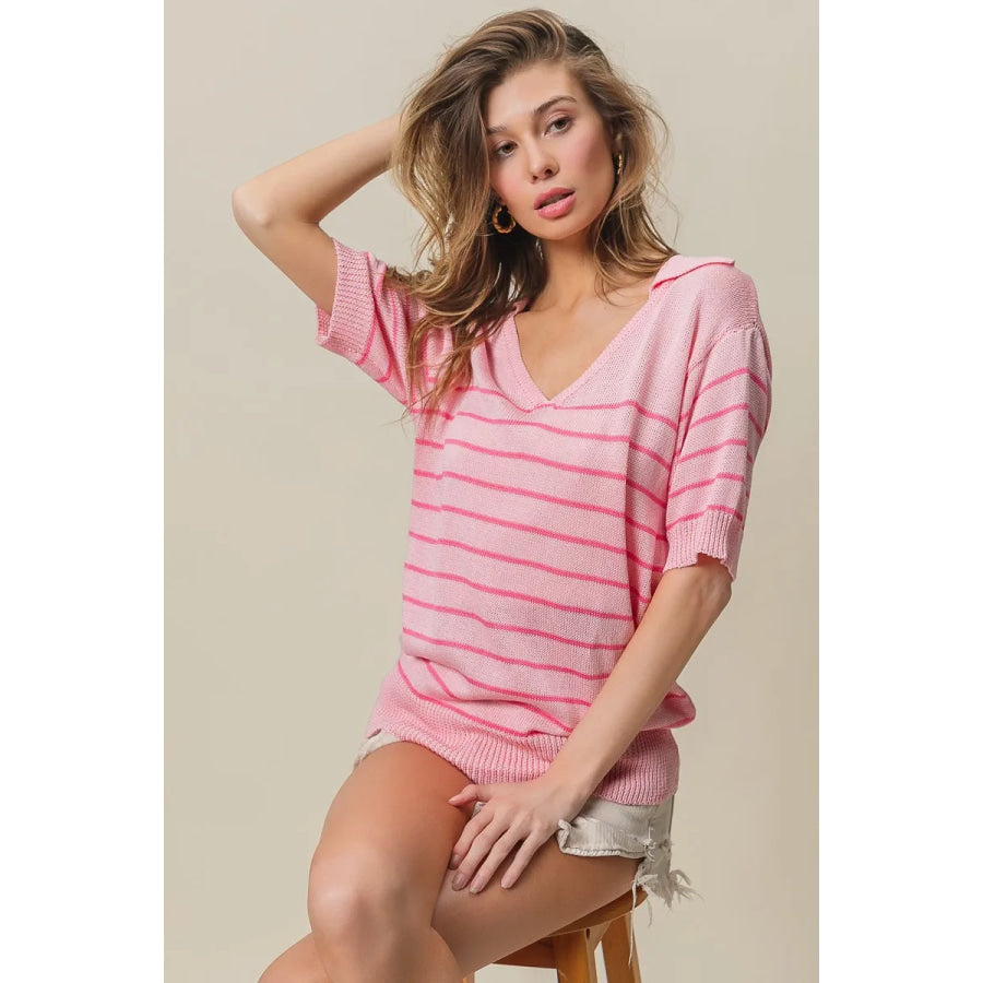 BiBi Stripe Short Sleeves Collared V Neck Top Apparel and Accessories