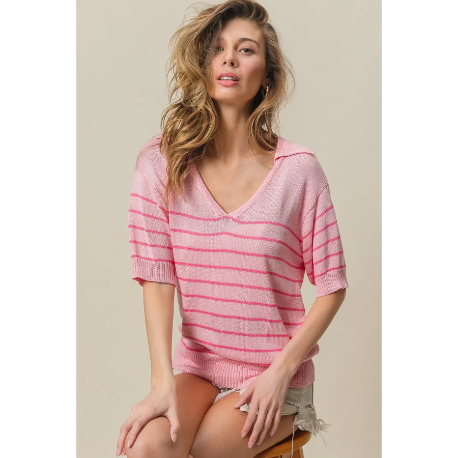 BiBi Stripe Short Sleeves Collared V Neck Top Apparel and Accessories