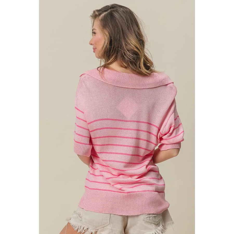 BiBi Stripe Short Sleeves Collared V Neck Top Apparel and Accessories